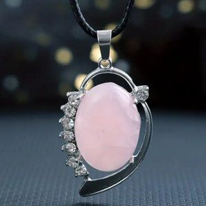 Rose Quartz Natural Stone Pendant Vintage Oval Shape with Sparkling Stones